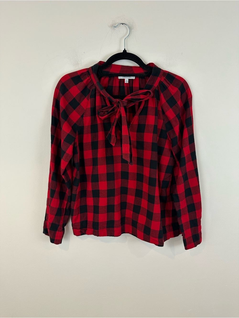 Madewell Red and Black Plaid Flannel Tie-Neck Top Size XS Women's